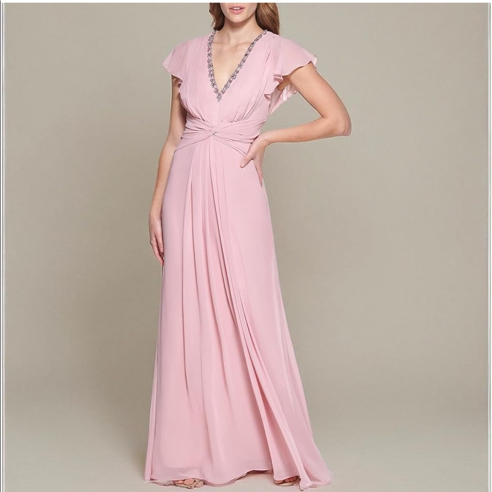 Eliza J Women's Gown Style Twist Waist Chiffon Flutter Sleeve Beaded Vneck Dress